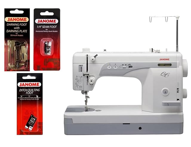 Machine de quilting à point droit Janome 1600P-QC, vue de trois quarts avant